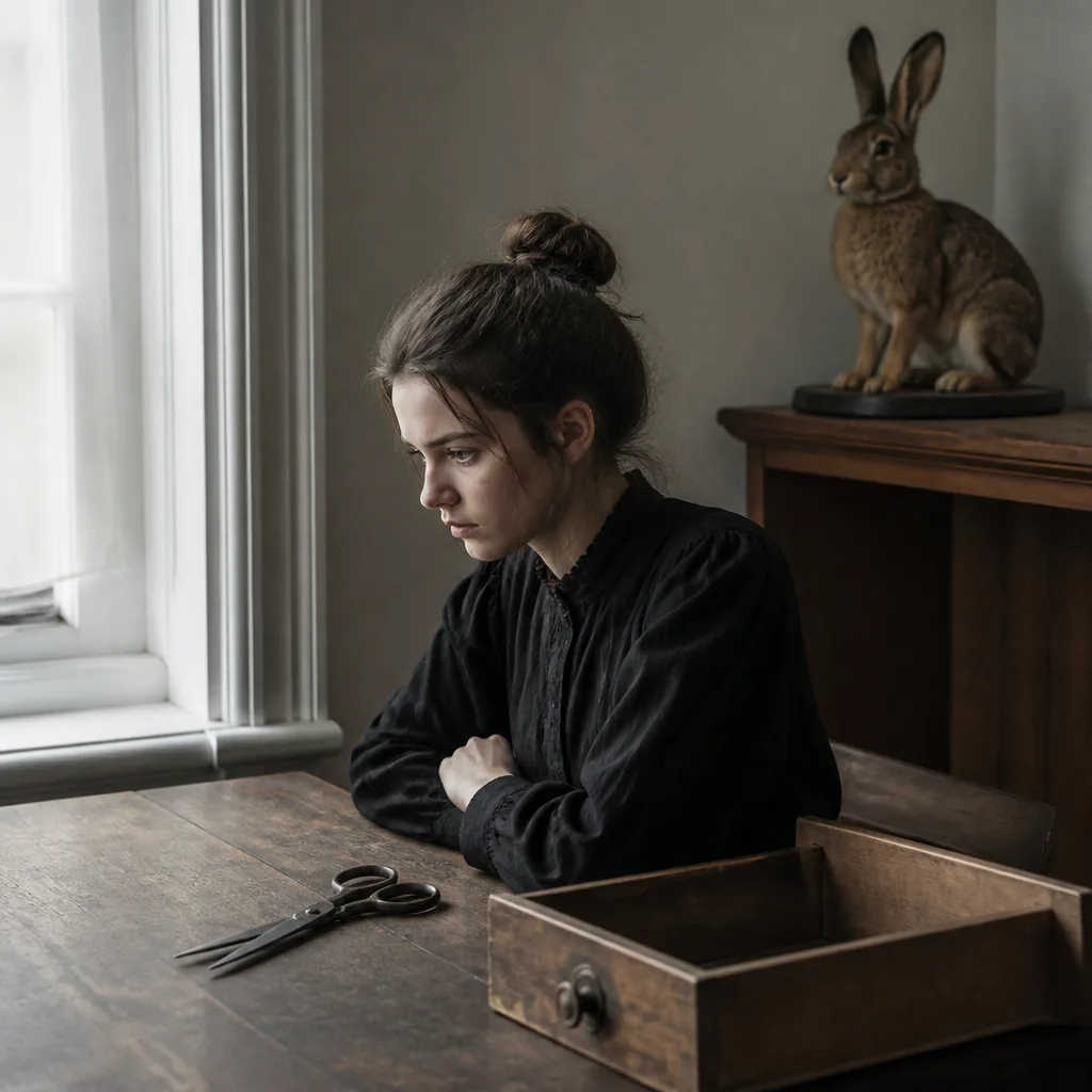 Alice dans un décor surréaliste, des objets la surveillent