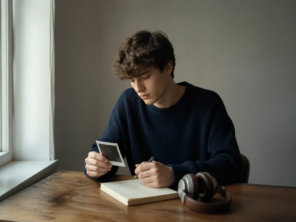 Un jeune de dix-huit ans se regarde dans un miroir entouré de ses photos