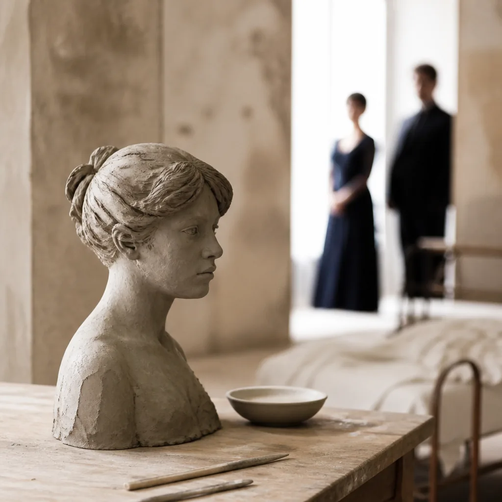 Camille Claudel, silhouette solitaire dans un désert aride, regard perdu, captive d'elle-même